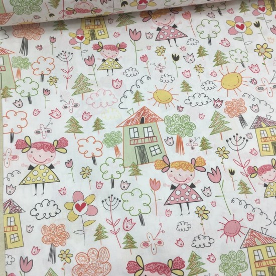 Çizgi Karakter Sarı Pudra Poplin Kumaş