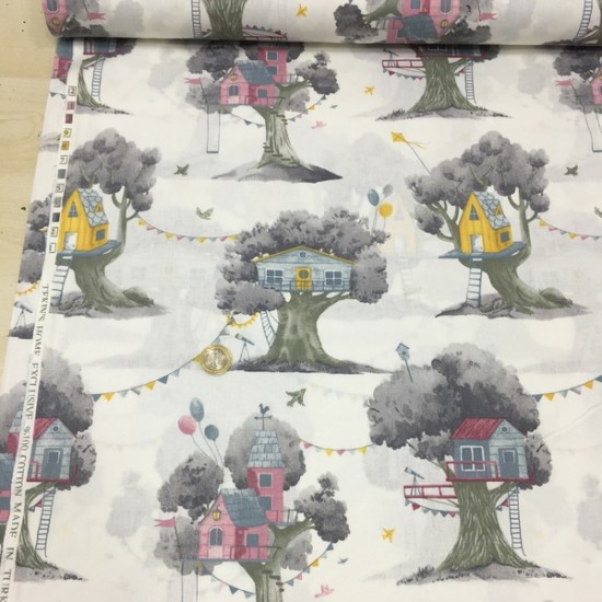Gri Ağaç Evler Poplin Kumaş