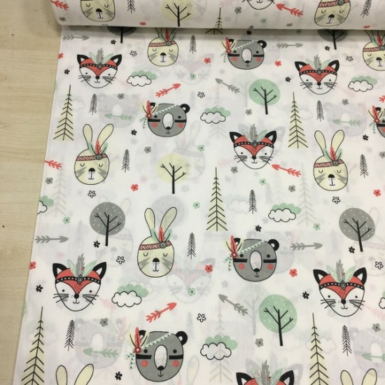 Kırmızı İzci Hayvanlar Poplin Kumaş