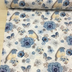 Mavi Çiçekli Kuş Poplin Kumaş