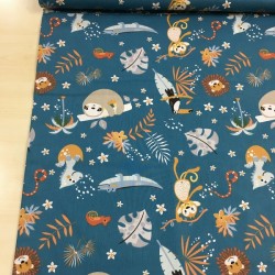 Maymunlu Orman Petrol Poplin Kumaş