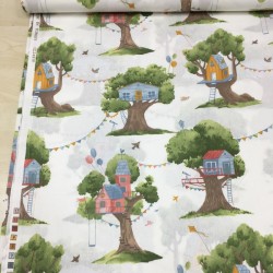 Yeşil Ağaç Evler Poplin Kumaş