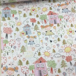 Çizgi Karakter Sarı Mavi Poplin Kumaş