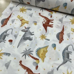 Beyaz Zemin Gri Dinazorlar Poplin Kumaş