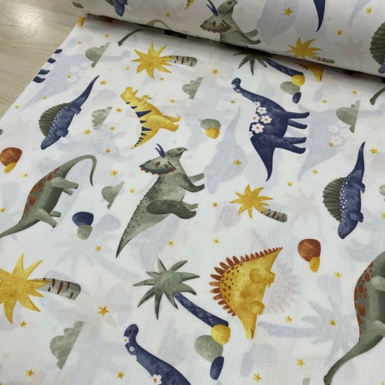 Beyaz Zemin İndigo Hardal Dinazorlar Poplin Kumaş