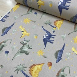 Gri Zemin İndigo Hardal Dinazorlar Poplin Kumaş