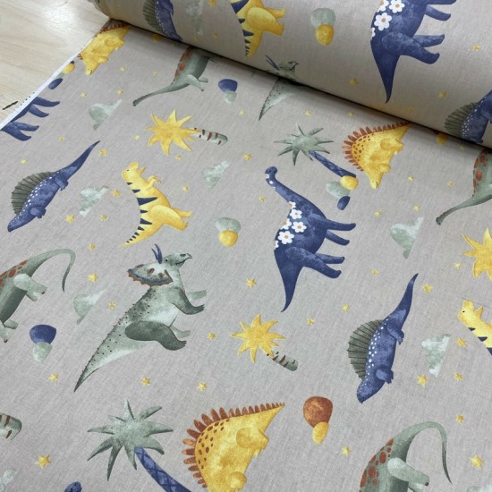 Gri Zemin İndigo Hardal Dinazorlar Poplin Kumaş