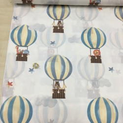 Neşeli Balonlar Mavi Poplin Kumaş