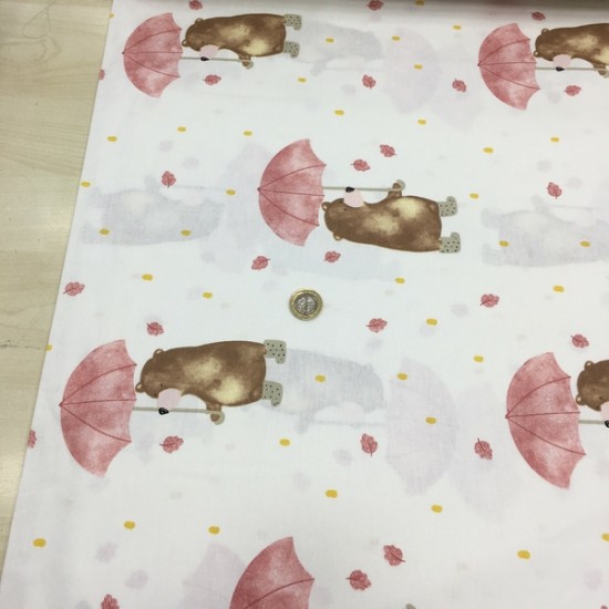 Şemsiyeli Ayı Pudra Poplin Kumaş
