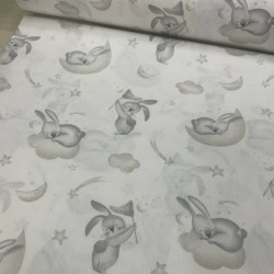 Gri Bulut Gri Uyuyan Tavşan Poplin Kumaş