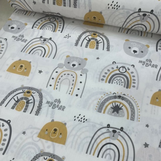 Gökkuşaklı Sevimli Ayı Hardal Poplin Kumaş