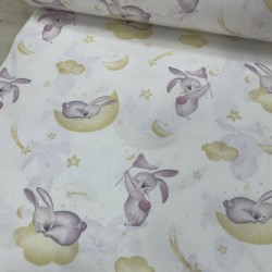 Hardal Bulut Lila Uyuyan Tavşan Poplin Kumaş