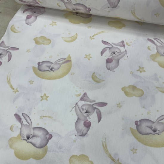 Hardal Bulut Lila Uyuyan Tavşan Poplin Kumaş