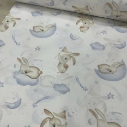 Mavi Bulut Bej Uyuyan Tavşan Poplin Kumaş