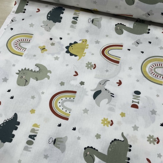 Camelia Bordo Gökkuşaklı Gri Dinolar Poplin Kumaş