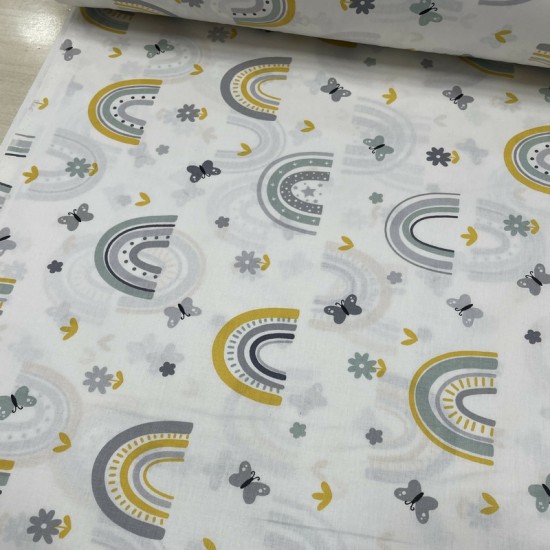 Camelia Gri Sarı Gökkuşağı Poplin Kumaş