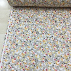 Gri Fon Sarı Kırmızı Çıtır Çiçek Poplin Kumaş