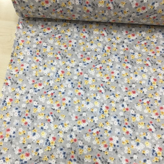 Gri Fon Pembe Mavi Çıtır Çiçek Poplin Kumaş