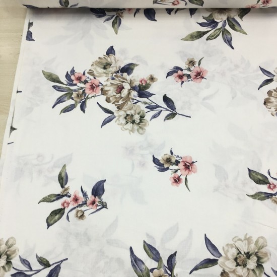 Beyaz Zemin Bej Çiçekler Poplin Kumaş