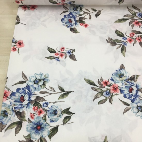 Beyaz Zemin İndigo Çiçekler Poplin Kumaş