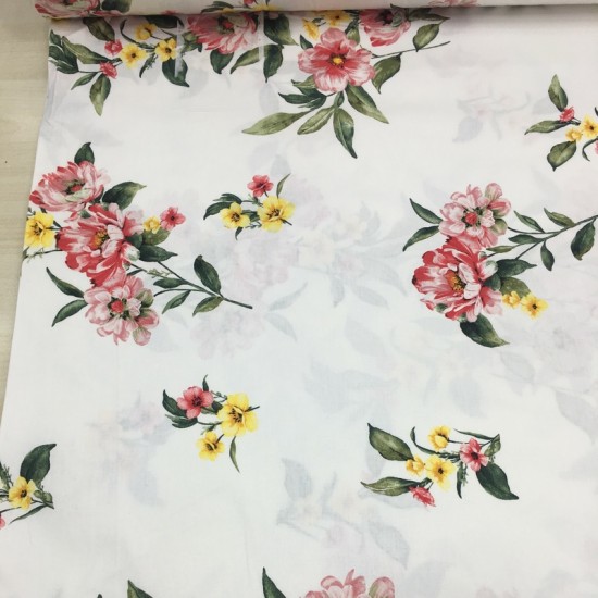 Beyaz Zemin Kırmızı Çiçekler Poplin Kumaş