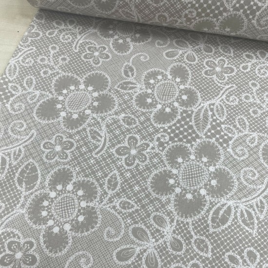 Dantel Çiçek Gri Poplin Kumaş
