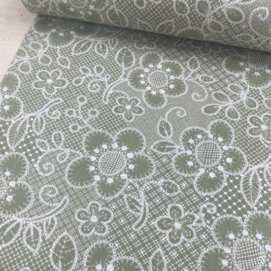 Dantel Çiçek Yeşil Poplin Kumaş