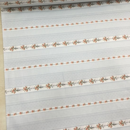 Mavi Çizgili Çiçcek Desenli Poplin Kumaş