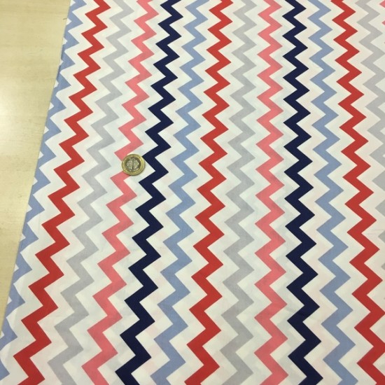 Zigzag Kırmızı Lacivert Poplin Kumaş