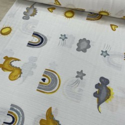 Hardal Sevimli Dinolar Müslin Kumaş