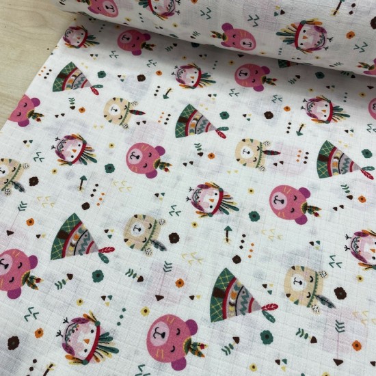 Pembe Kızılderili Sevimli Ayı Müslin Kumaş