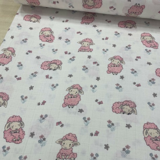 Pembe Sevimli Kuzu Müslin Kumaş