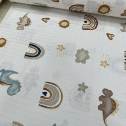 Petrol Bej Sevimli Dinolar Müslin Kumaş